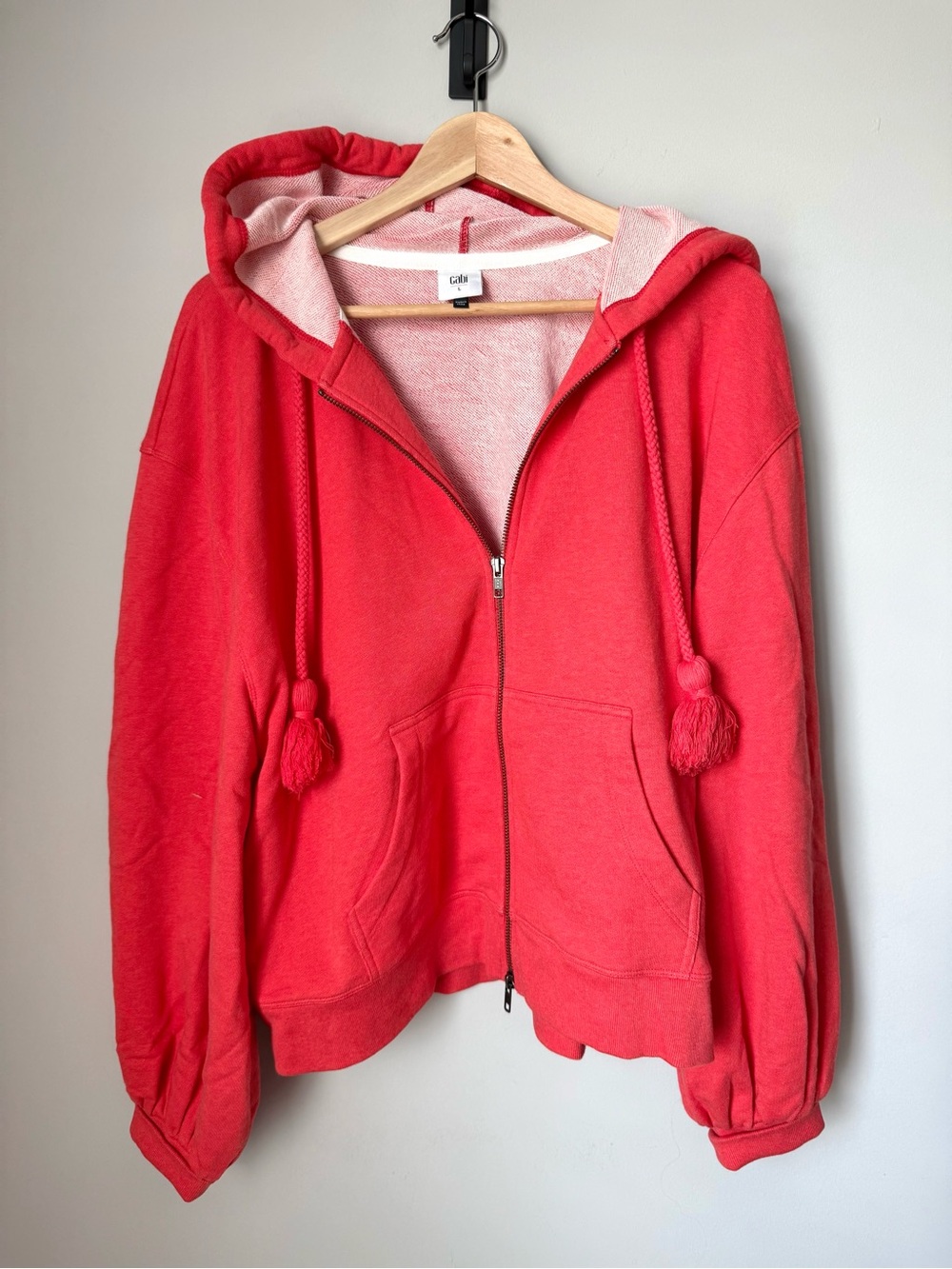 Cabi Deluxe Full-Zip Tangerine Coral Tassel Hoodie Style #5657 Balloon Sleeves